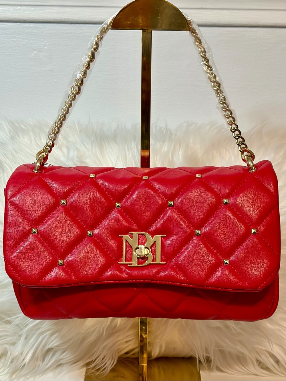 Badgley Mischka NWT Red Quilted Diamond Stud Vegan Leather Shoulder & Crossbody